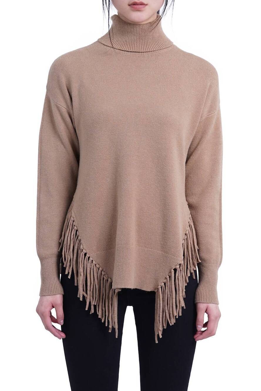 NEW LOVE TOKEN fringe turtleneck sweater in camel